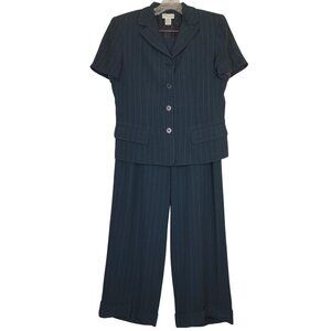 Ann Taylor Pinstripe Suit Navy Blue Short-Sleeve Blazer & Wide-Leg Pants Size 6